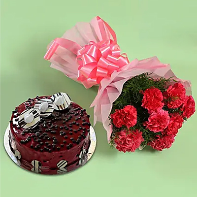 "Blueberry cream cake - 1kg, Flower bunch with 8 Pink carnations - Click here to View more details about this Product